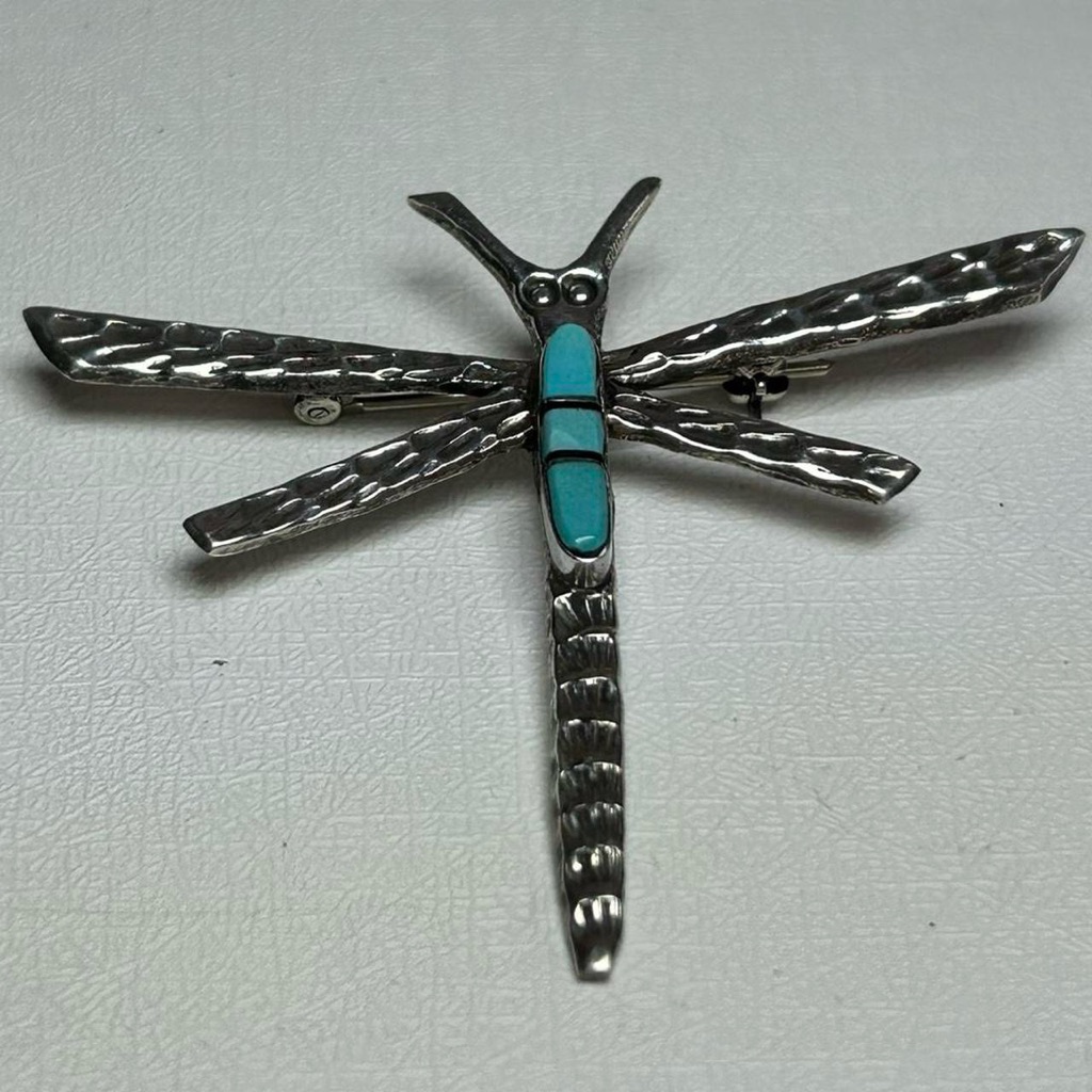 Native Zuni Sterling Silver 925 Turquoise Inlay Textured Dragonfly Brooch Pin 135$